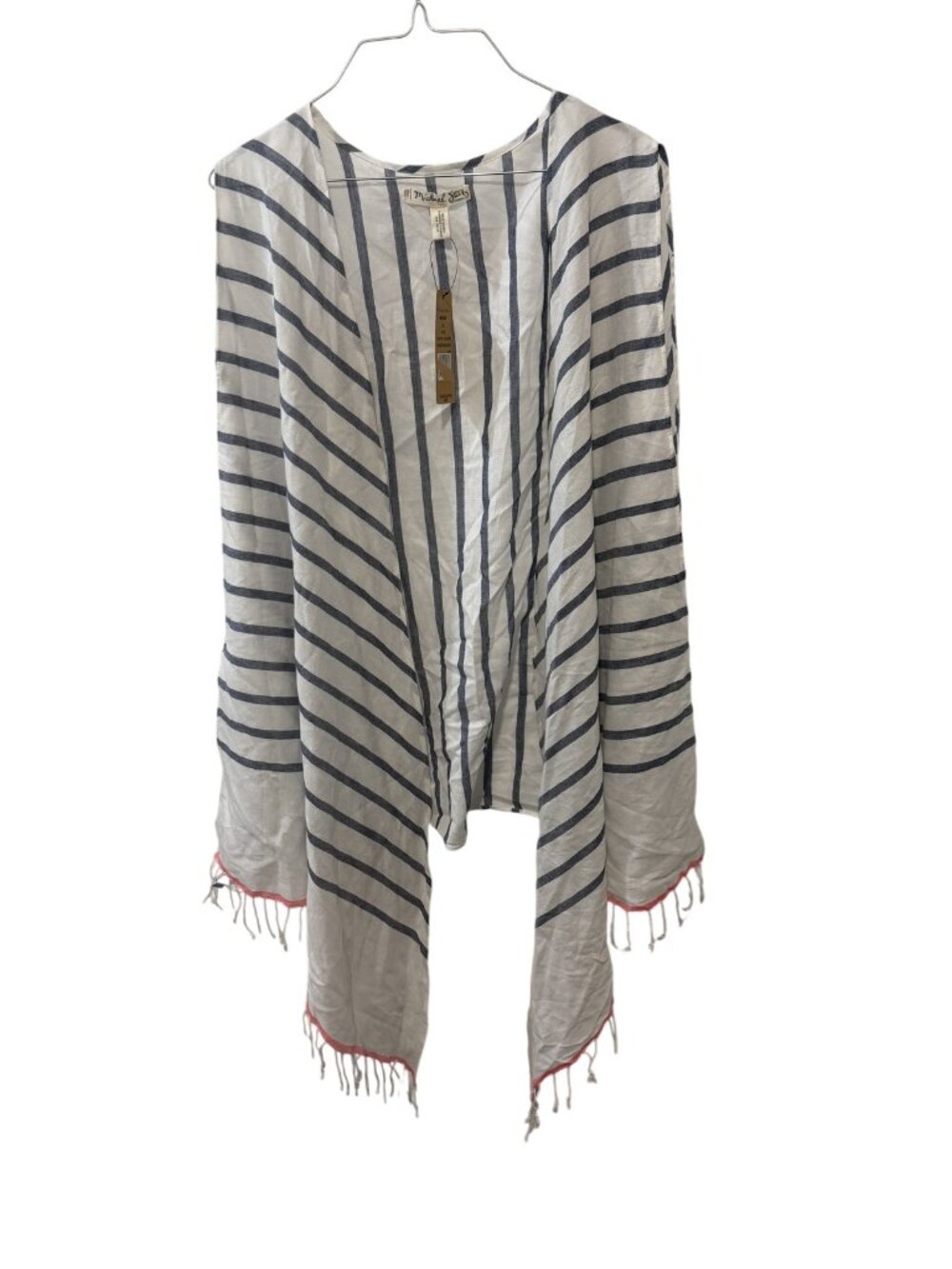 Michael Stars Size ONE SIZE Ivory Gray Striped Linen Blend Shawl Wrap Fringe